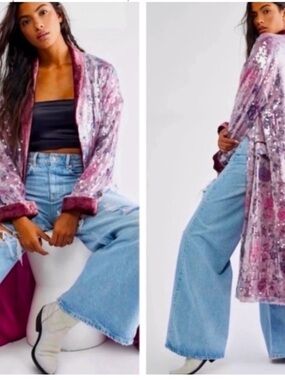 Free People Pink Velvet Sequin Duster Coat